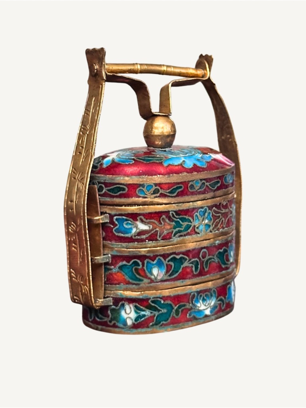 Antique Chinese Cloisonné Blue Teal Red Stacking Trinket Jewelry Pill Box - Picture 5 of 7